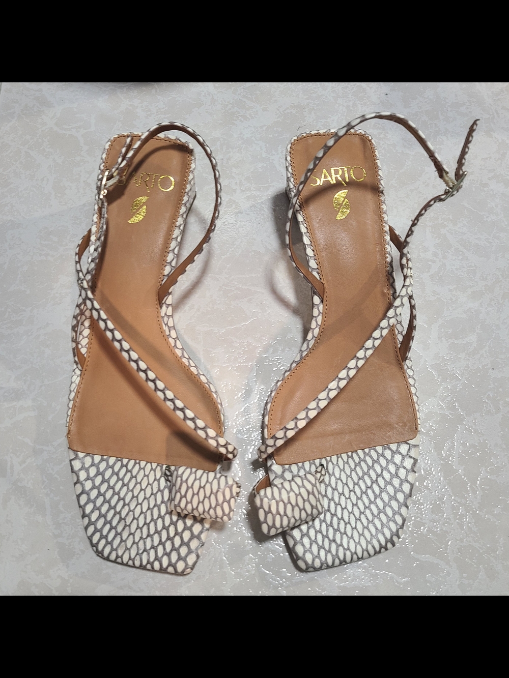 Franco Sarto White Snake-Print Toe-Ring Slingback Heels